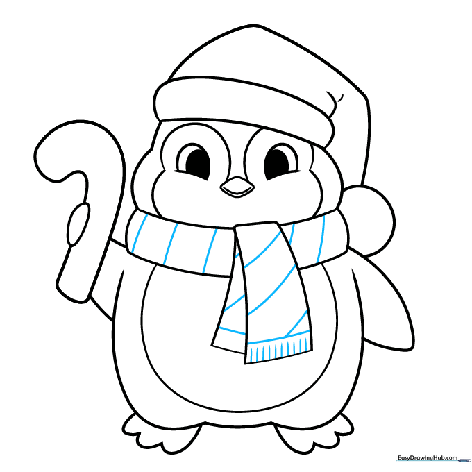 Adding stripes and fringe tassels to the penguin's scarf.