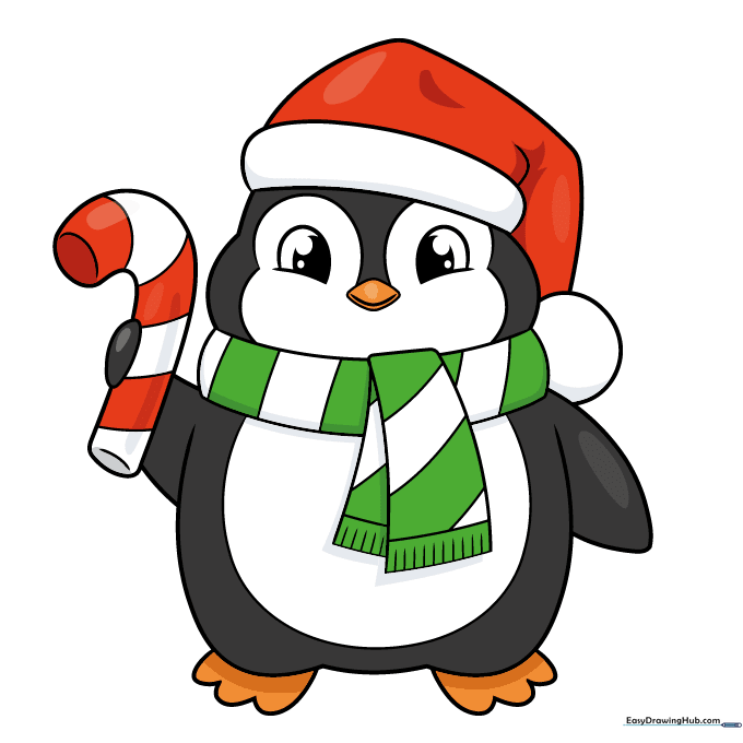 Fully colored Christmas penguin drawing with red hat and candy cane.