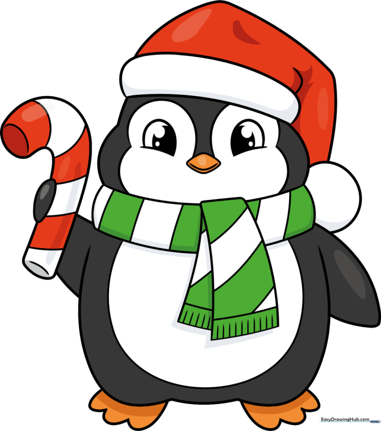 A cute, finished Christmas penguin drawing holding a candy cane, wearing a festive hat and scarf.
