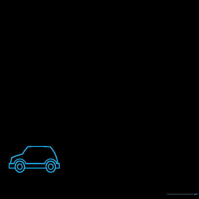 Pencil sketch of a simple cartoon car showing wheels and rectangular body structure.