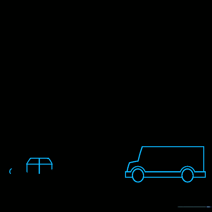 Drawing a cartoon bus next to a car using basic geometric shapes.