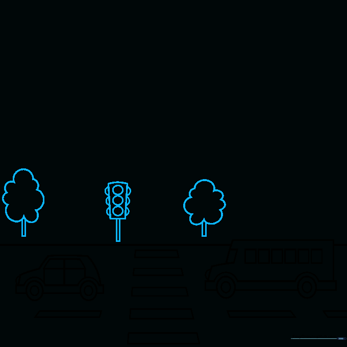 Sketching a traffic light and trees along the city street.