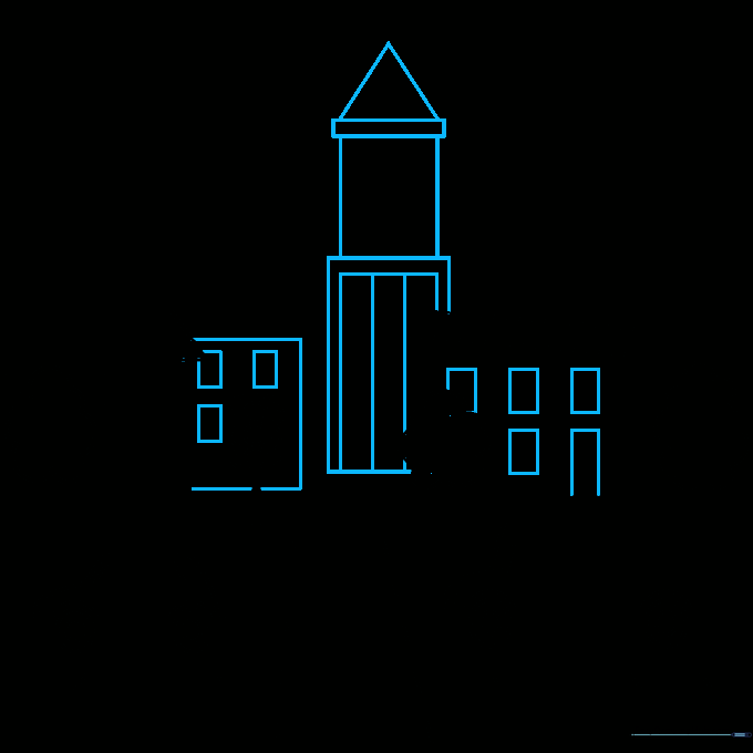 Adding taller buildings with varied roof shapes to the skyline.