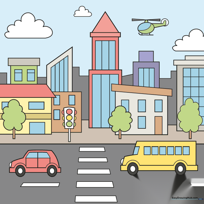 A fully colored, vibrant cartoon city drawing.