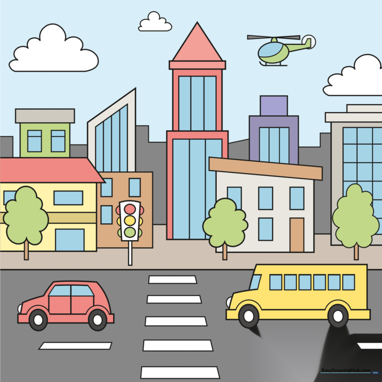 A colorful, completed cartoon city drawing featuring buildings, cars, and a helicopter.