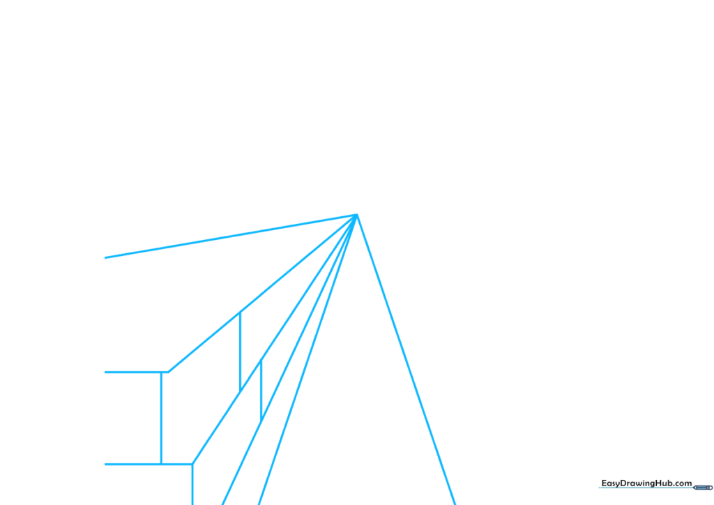 A vanishing point in the center of the page with six diagonal lines radiating outward to form the base of a city street.