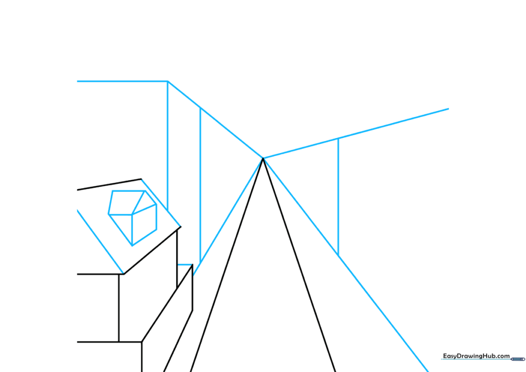 Sketching the first building structure with a dormer window using geometric shapes.
