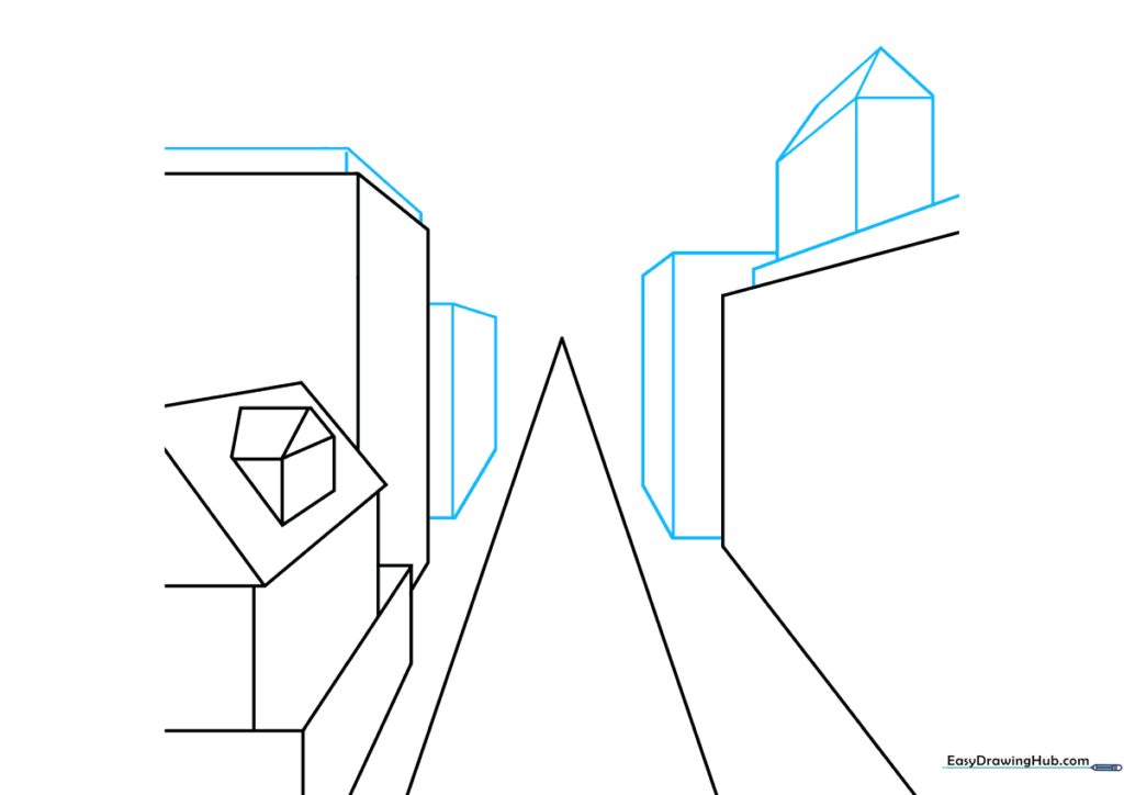 Adding multiple rectangular building blocks to create a skyline effect.