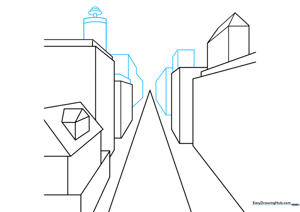 Drawing a chimney and additional buildings in the distance.