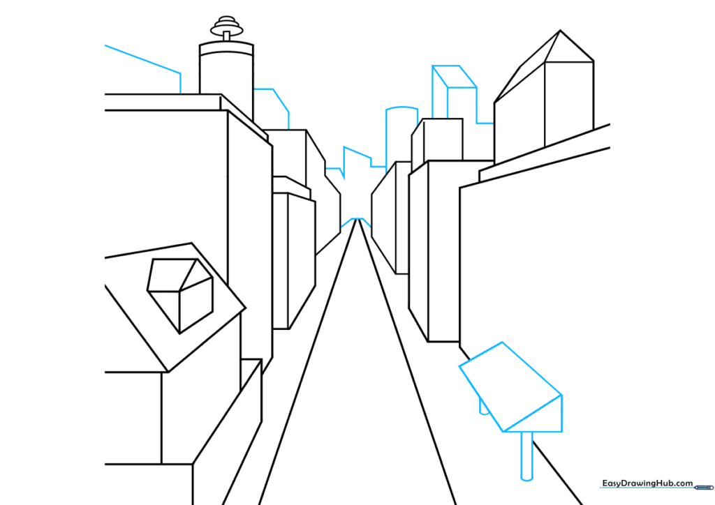 Adding foreground structures to enhance the sense of depth in the drawing.