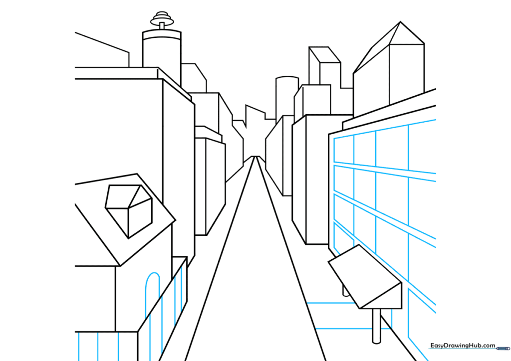 Adding arched doors and rectangular windows to the building facades.
