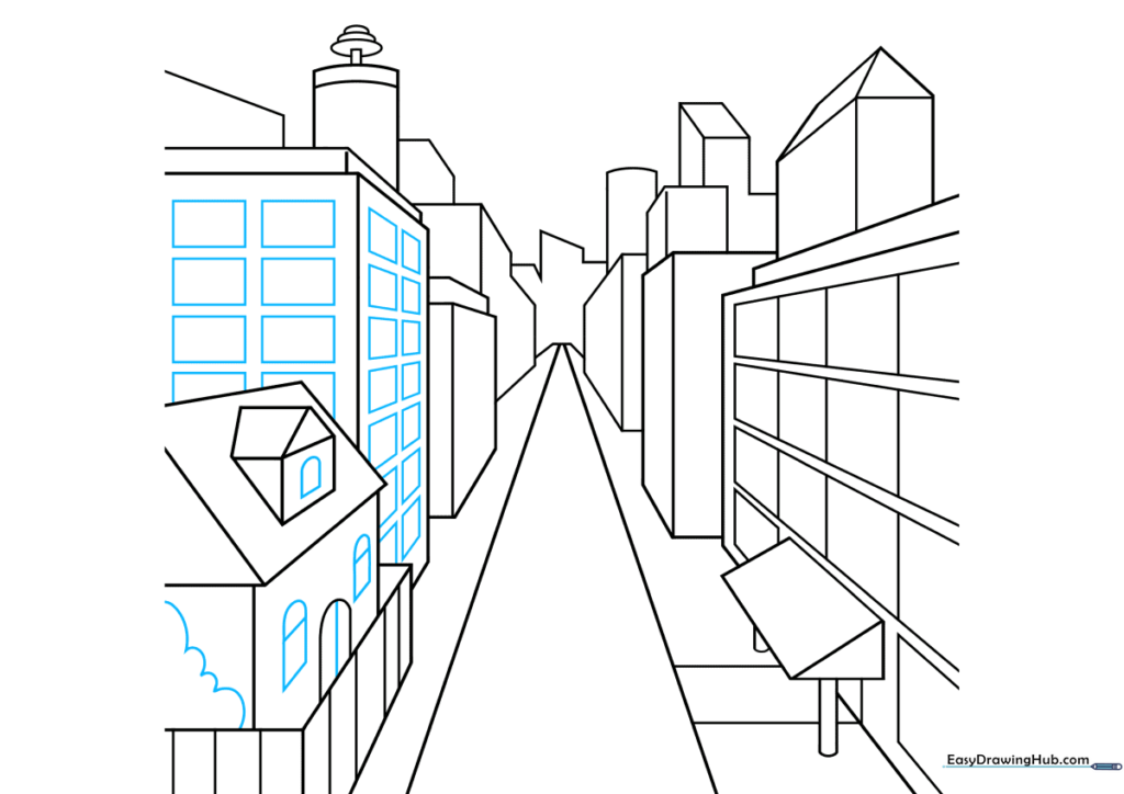 Drawing a tree with curved lines to contrast with the straight building lines.