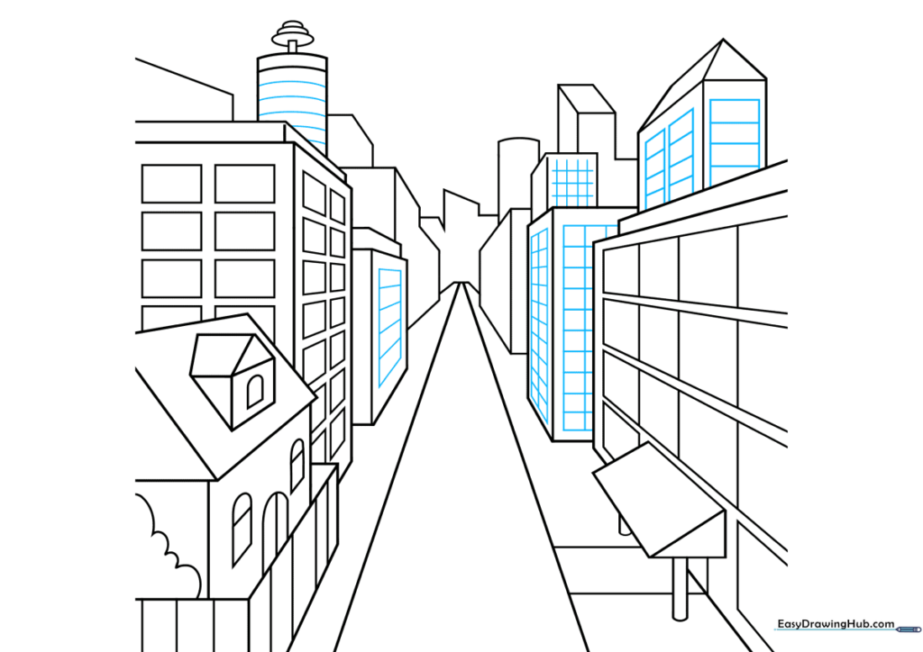 Adding cross-hatching and window details to the buildings.