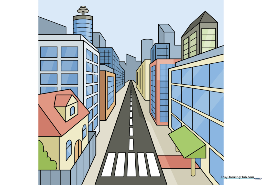 A finished, colored city drawing showing one-point perspective.