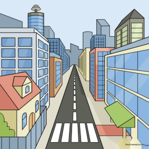 A vibrant, finished city drawing in one-point perspective, showcasing buildings and a street.