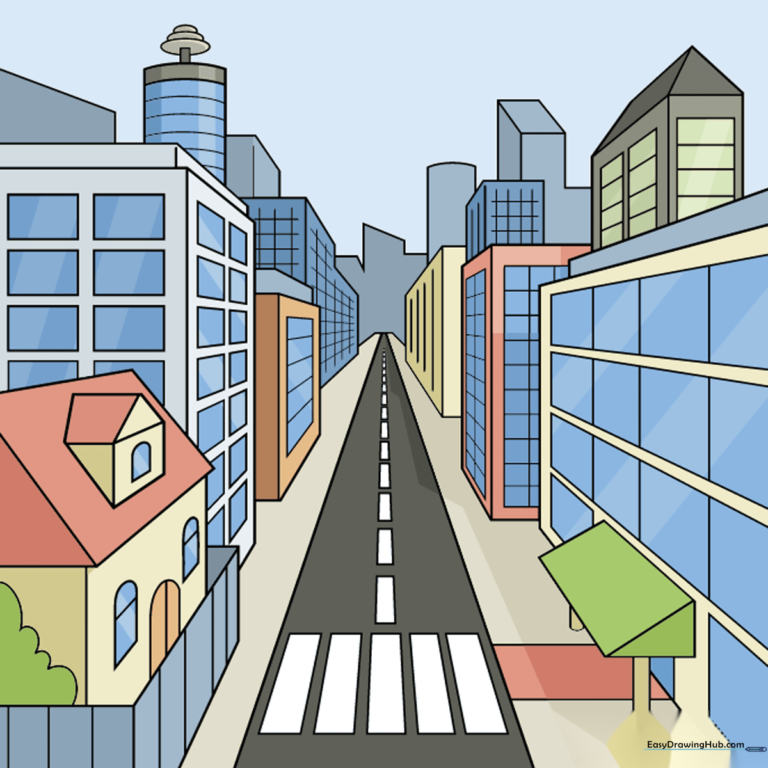 A vibrant, finished city drawing in one-point perspective, showcasing buildings and a street.