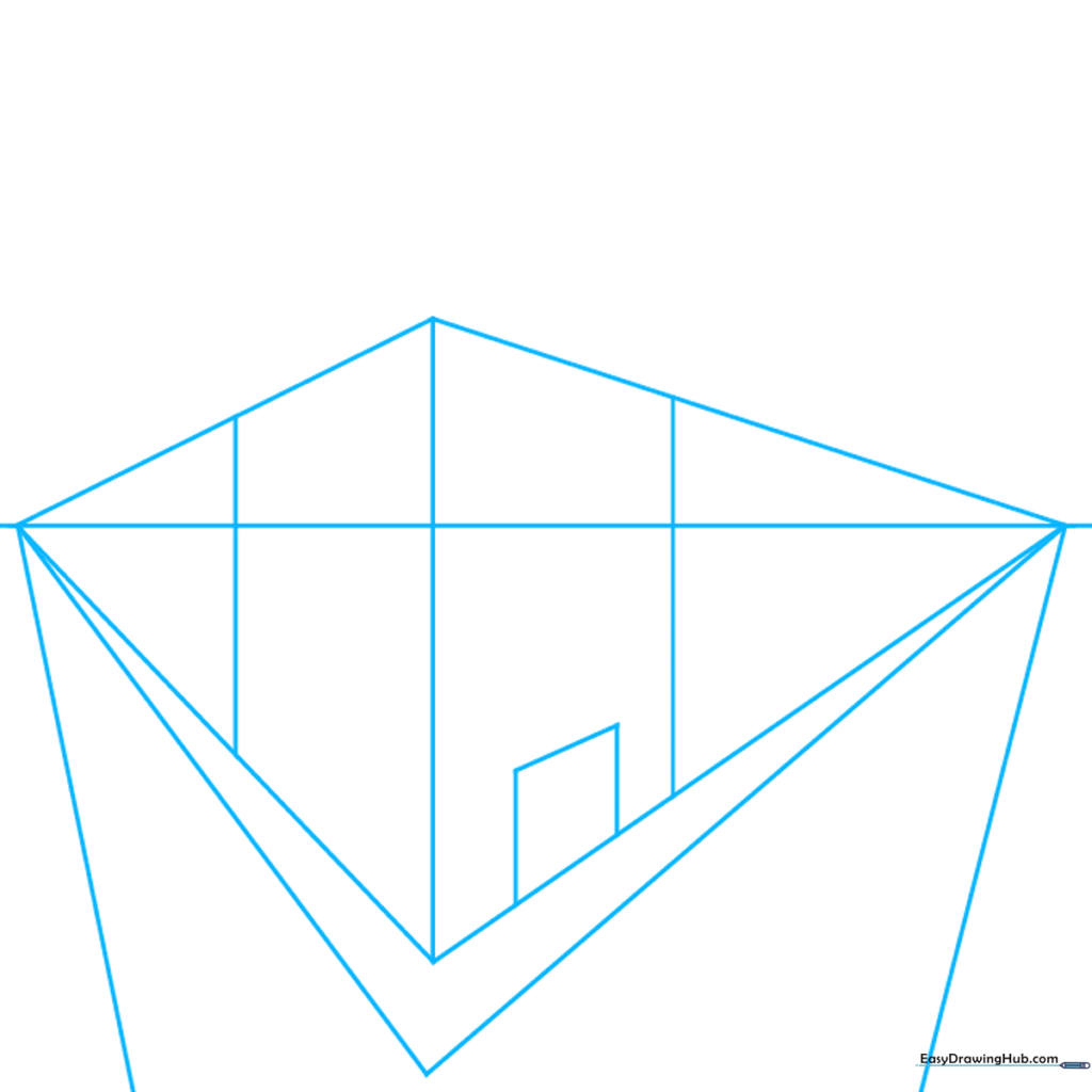 A horizontal horizon line with two vanishing points and a central vertical line used to establish the base of a building in two-point perspective.
