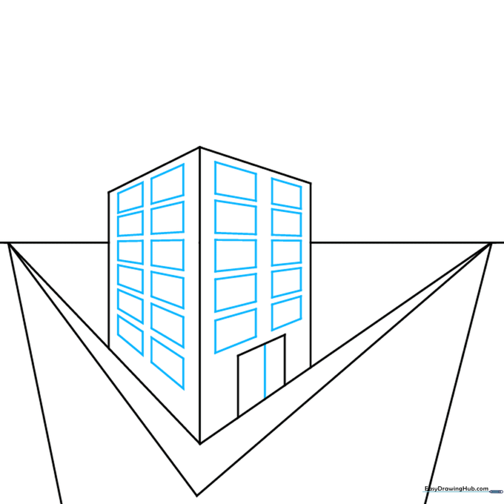 Refining the building shape by erasing construction lines and adding vertical window columns to the structure.