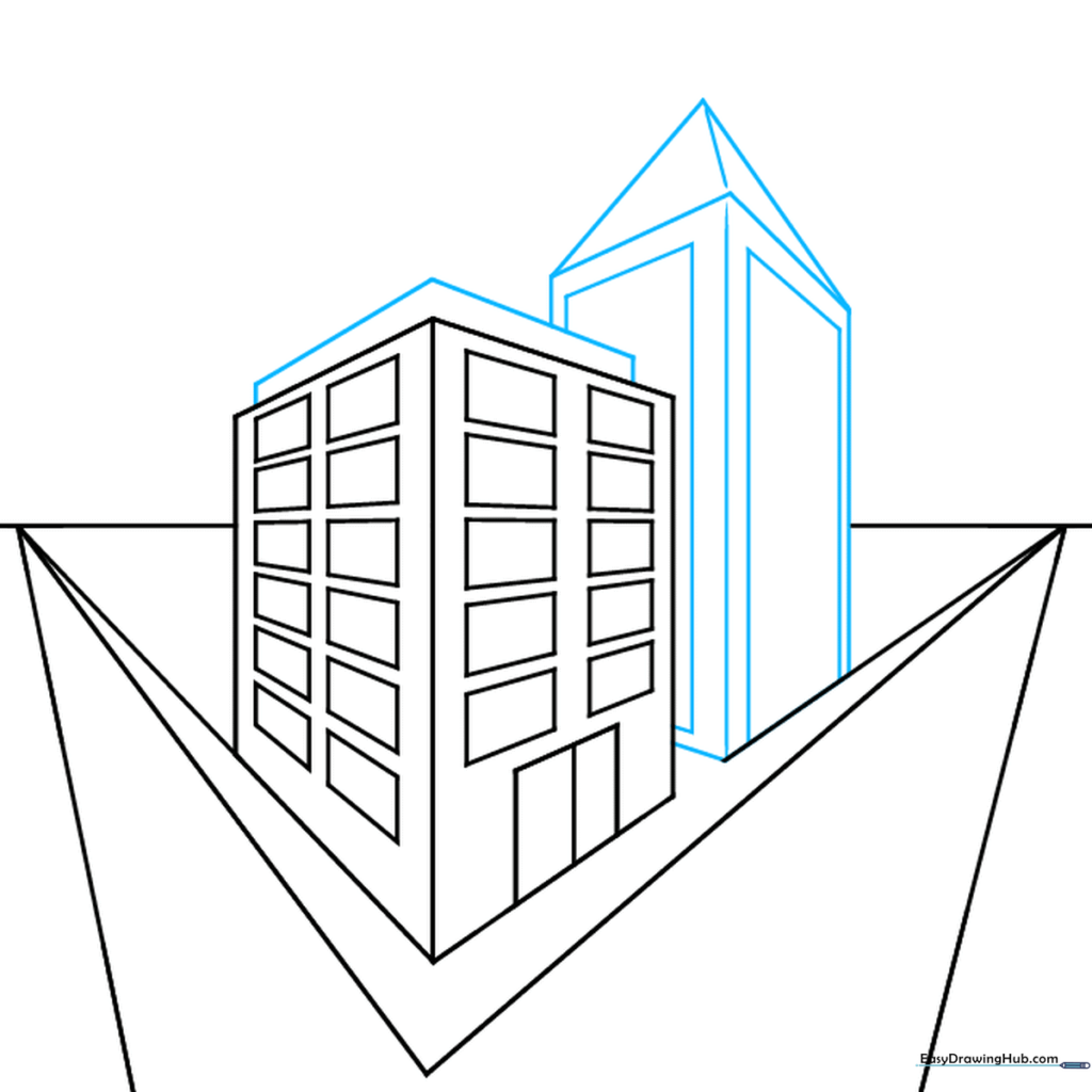 Adding a pentagon roof to the first building and sketching a second rectangular building in the background.