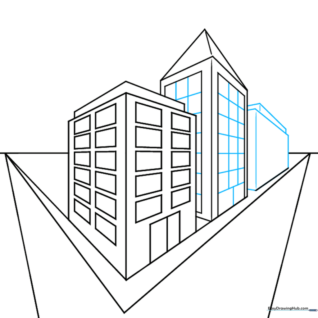 Adding a third building to the city scene, focusing on maintaining correct perspective angles.
