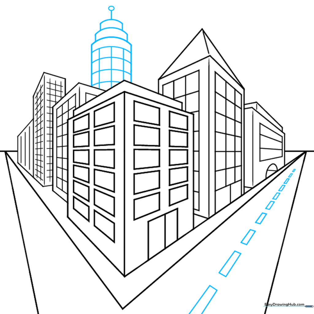 Sketching a rounded tower structure on top of the existing buildings to add architectural variety.