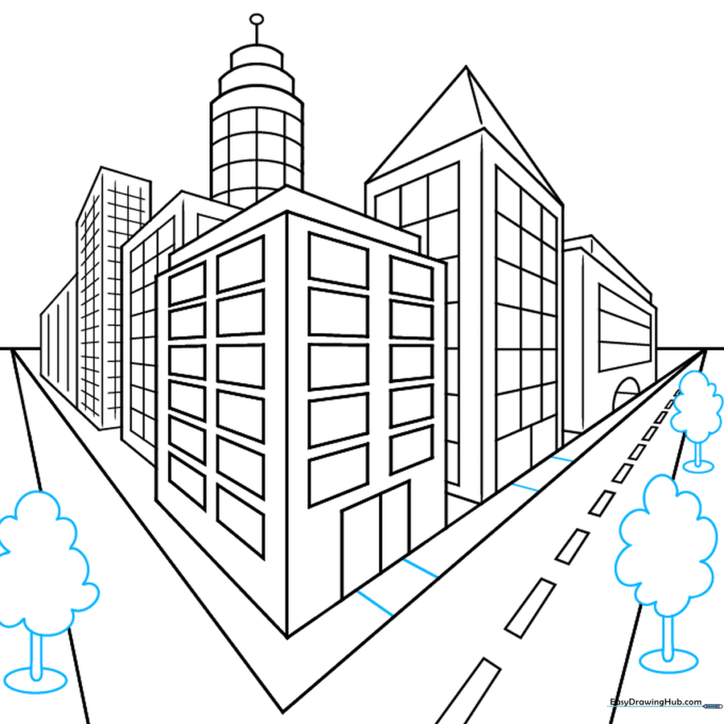 Adding trees and sidewalk details to the city scene to create a lively urban environment.