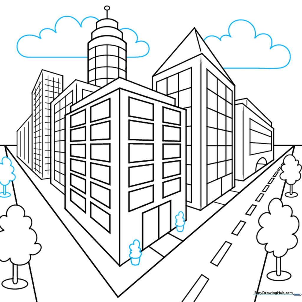 Finalizing the drawing by adding clouds and small landscaping details to complete the scene.