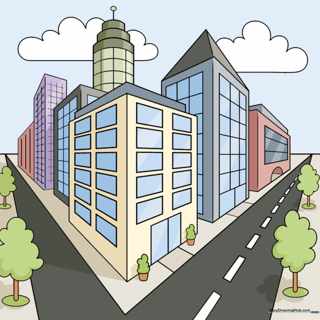 A finished, colorful city drawing in two-point perspective, showcasing buildings, trees, and clouds.