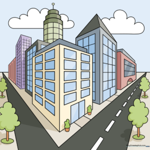 A vibrant, completed city drawing demonstrating two-point perspective techniques for beginners.