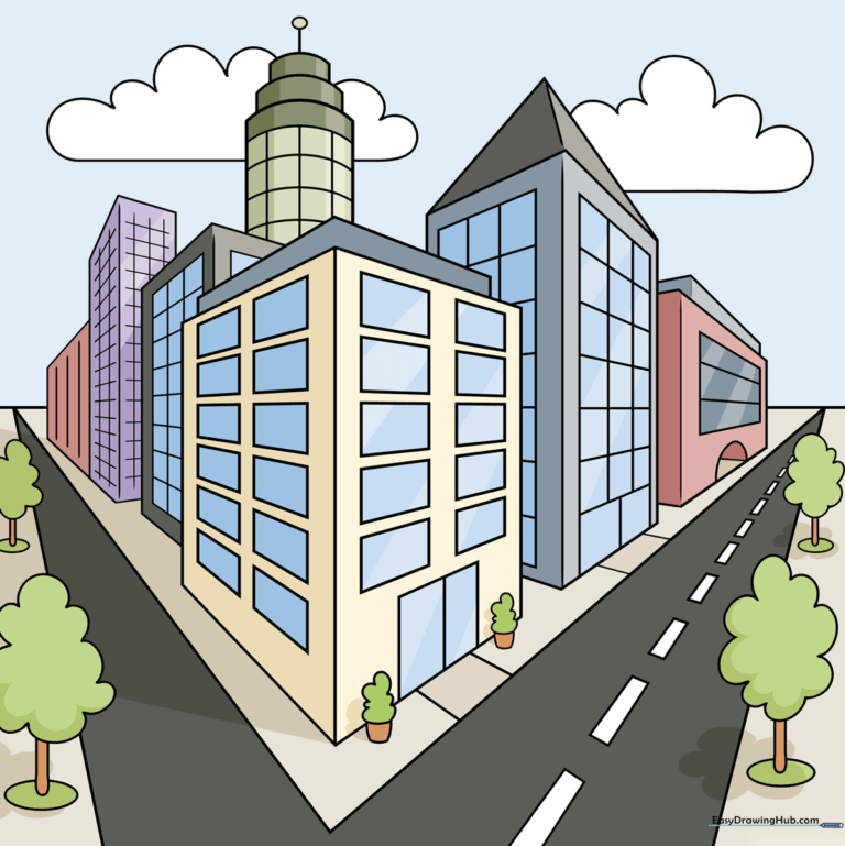 A vibrant, completed city drawing demonstrating two-point perspective techniques for beginners.