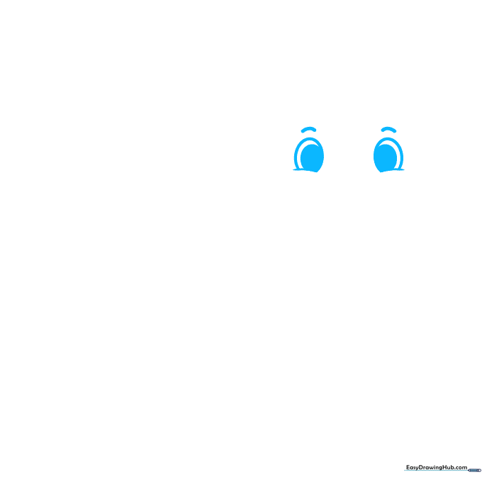 Close-up of a cartoon cow's eyes being drawn with simple curved lines and dark pupils.