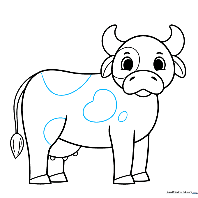 Adding irregular spots to the cow's body for a classic look.