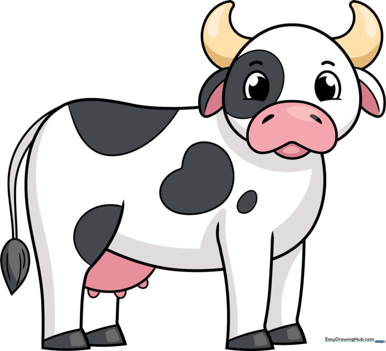 A colorful, friendly cartoon cow standing in a field, perfect for kids to draw.