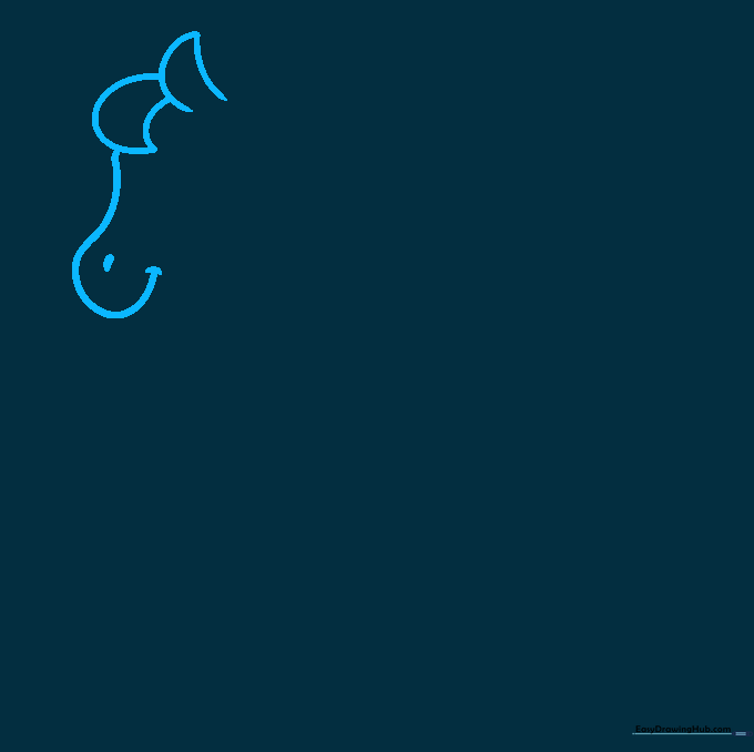 Pencil sketch showing the initial outline of a unicorn's head, ear, and snout shape.