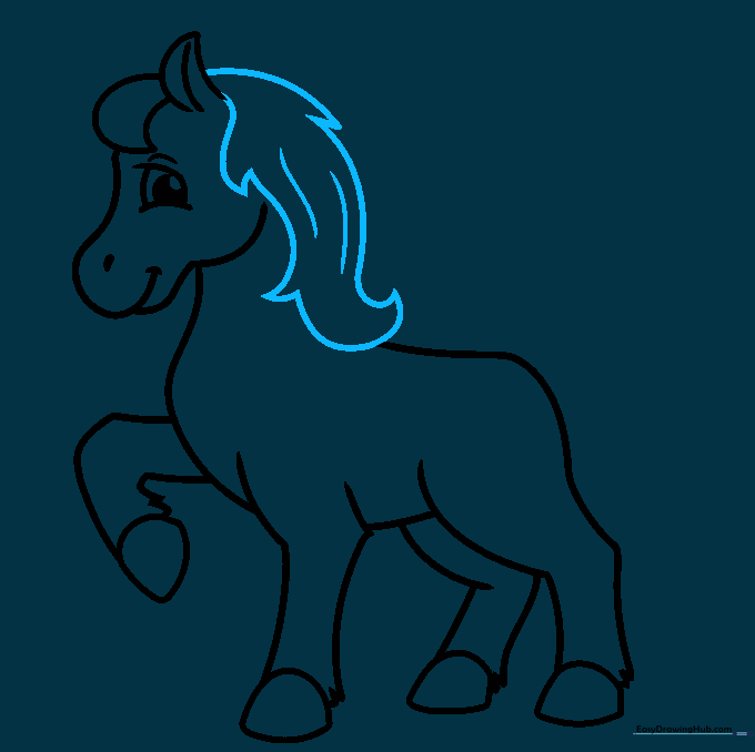 Drawing showing the addition of a flowing, textured mane on the unicorn.