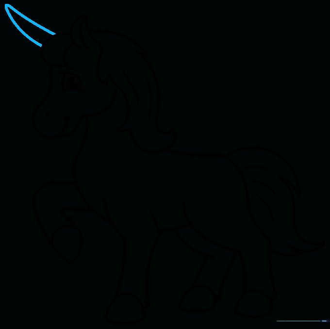 Finalizing the unicorn drawing by adding the magical horn to the forehead.