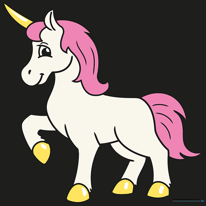 The finished, colored unicorn drawing with vibrant rainbow mane and tail.