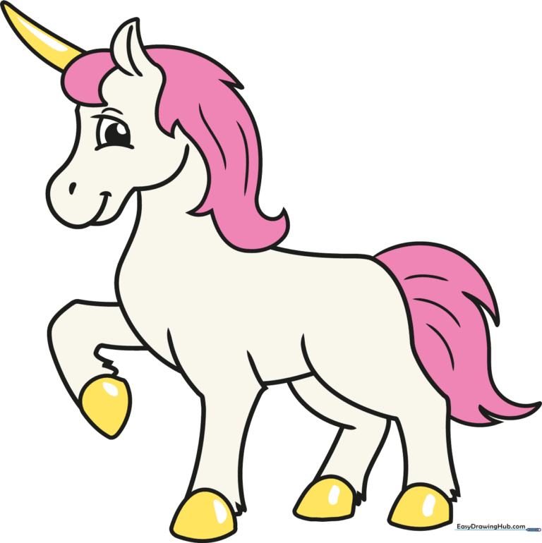 A colorful, finished cute unicorn drawing, perfect for kids to emulate.