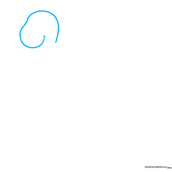 Pencil sketch showing the initial curved head outline of a cartoon dinosaur.