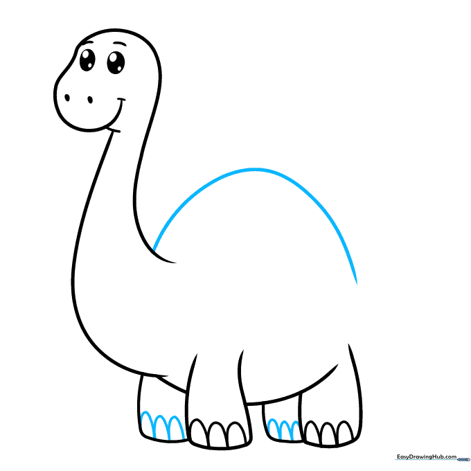 Drawing the long, arched back of the dinosaur.