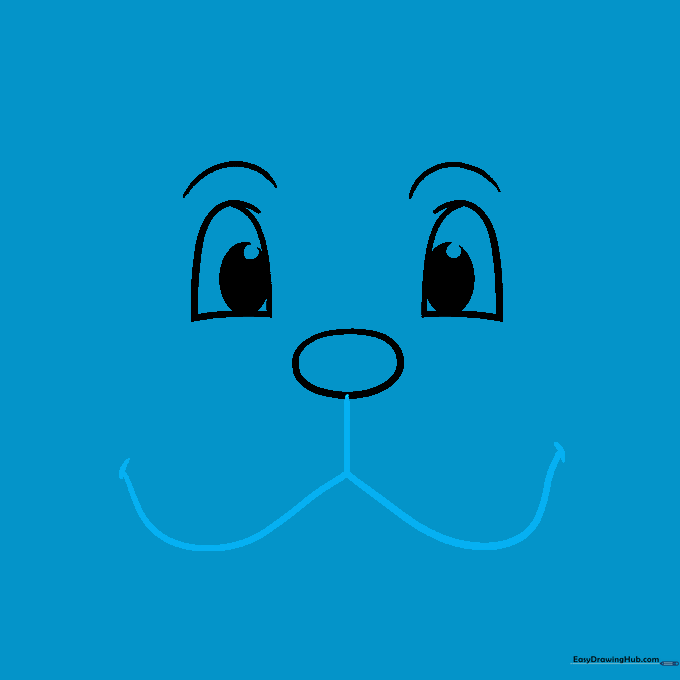 Sketching the dog's nose and nostrils using simple hook shapes.