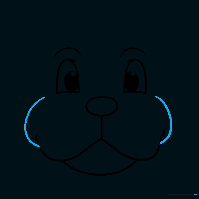 Drawing the cheek curves to frame the dog's face.