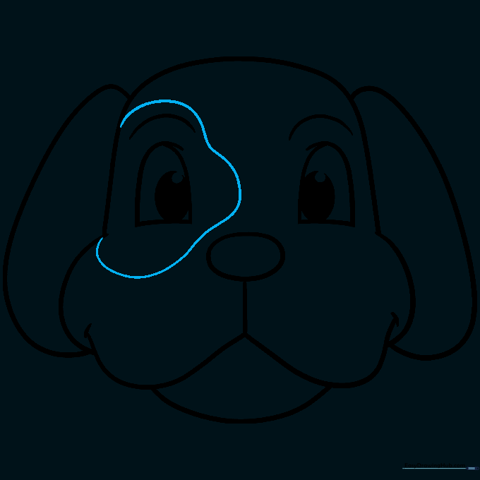 Finalizing the dog face with a fur patch and bold outline.