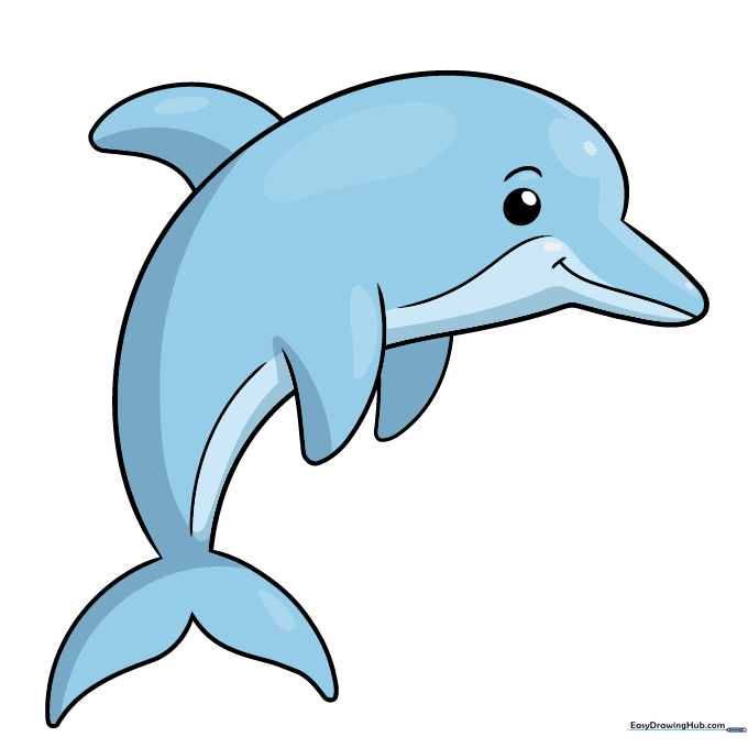 Finished, colored dolphin drawing with blue-grey skin and a lighter belly.