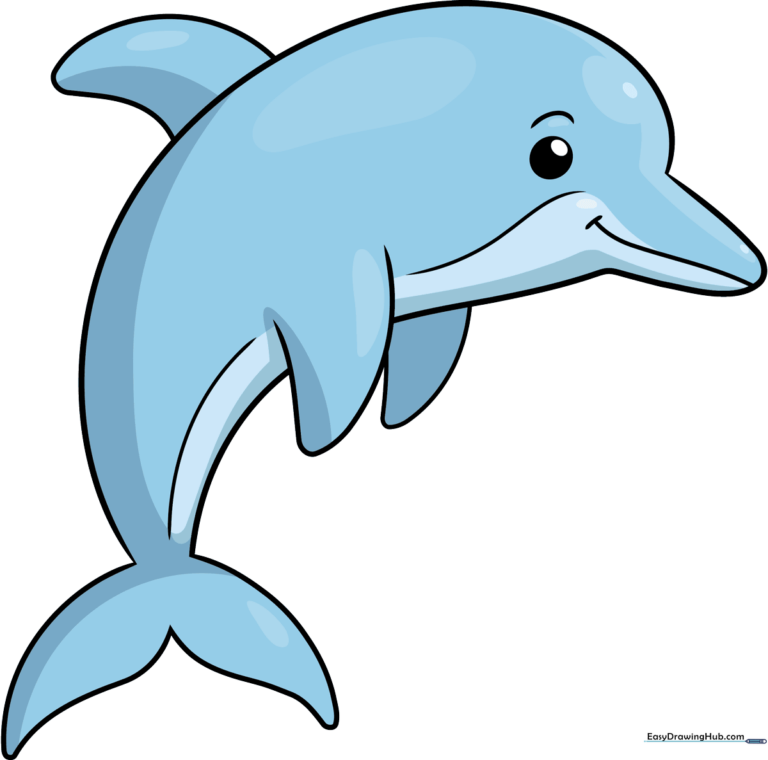 A friendly, cartoon-style dolphin illustration, perfect for kids to learn how to draw.
