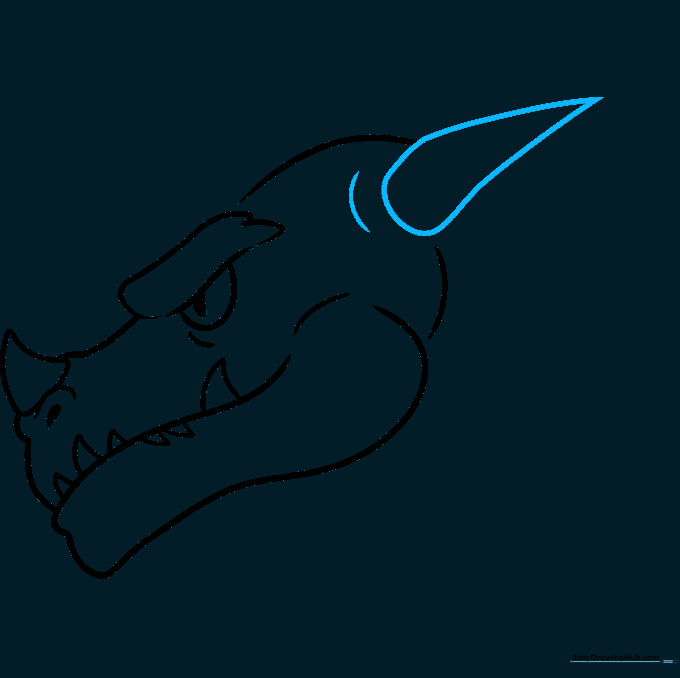 Pencil sketch of a large curved horn on the back of the dragon's head.
