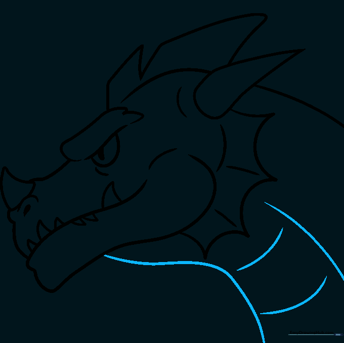 Pencil sketch of the completed dragon head and neck structure.