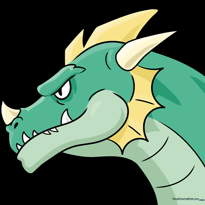 Fully colored cartoon dragon head in shades of seafoam green.