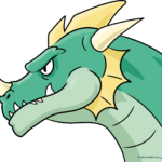 A colorful, friendly cartoon dragon head illustration.