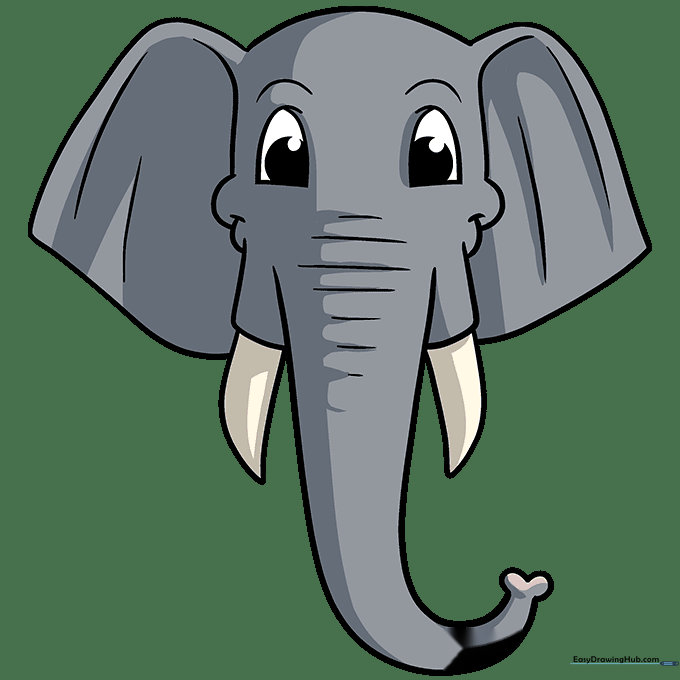 Finished, colored cartoon elephant head with gray skin, pink trunk tip, and tan tusks.